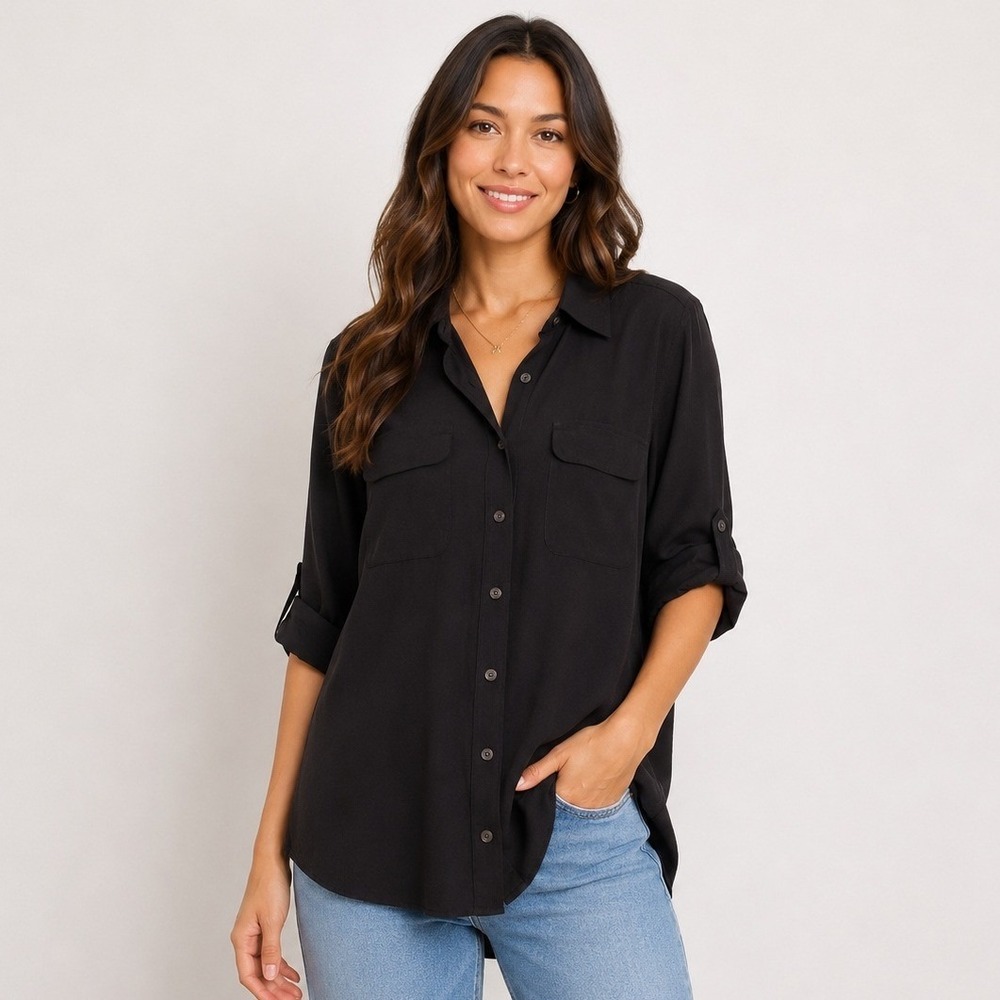 EQUIPMENT FEMME Silk Roll Tab Button Down Shirt Black Sz XL